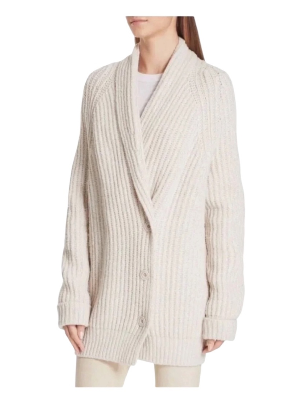 Vince Oatmeal Fisherman Ribbed Wool Blend Cardigan Sweater Small Hygge Old Money